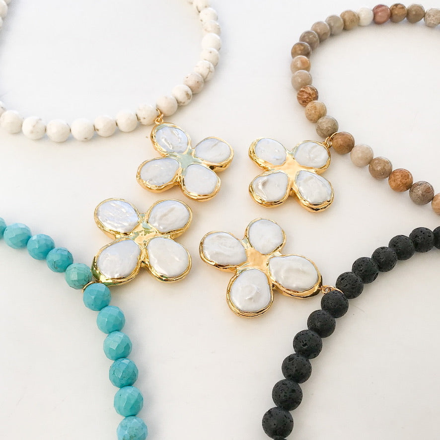 Pearl Clover Cross on 10MM Gemstone