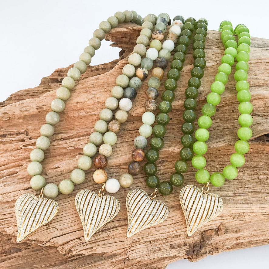 Ribbon Heart on 10mm Gemstone Necklace