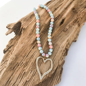 Gemstone Beaded Necklace w/ XL Heart