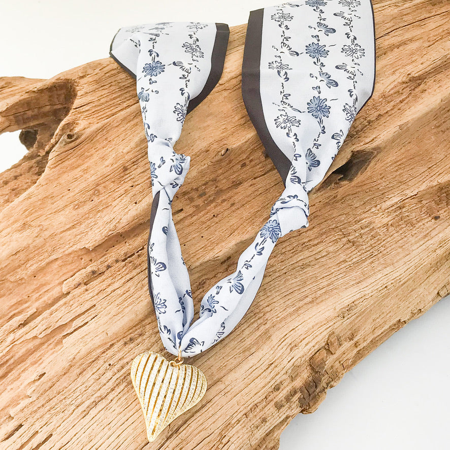 Ribbon CZ Heart On Scarf Necklace