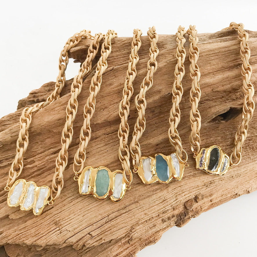 Triple Pearl on Twisted Etched Necklace