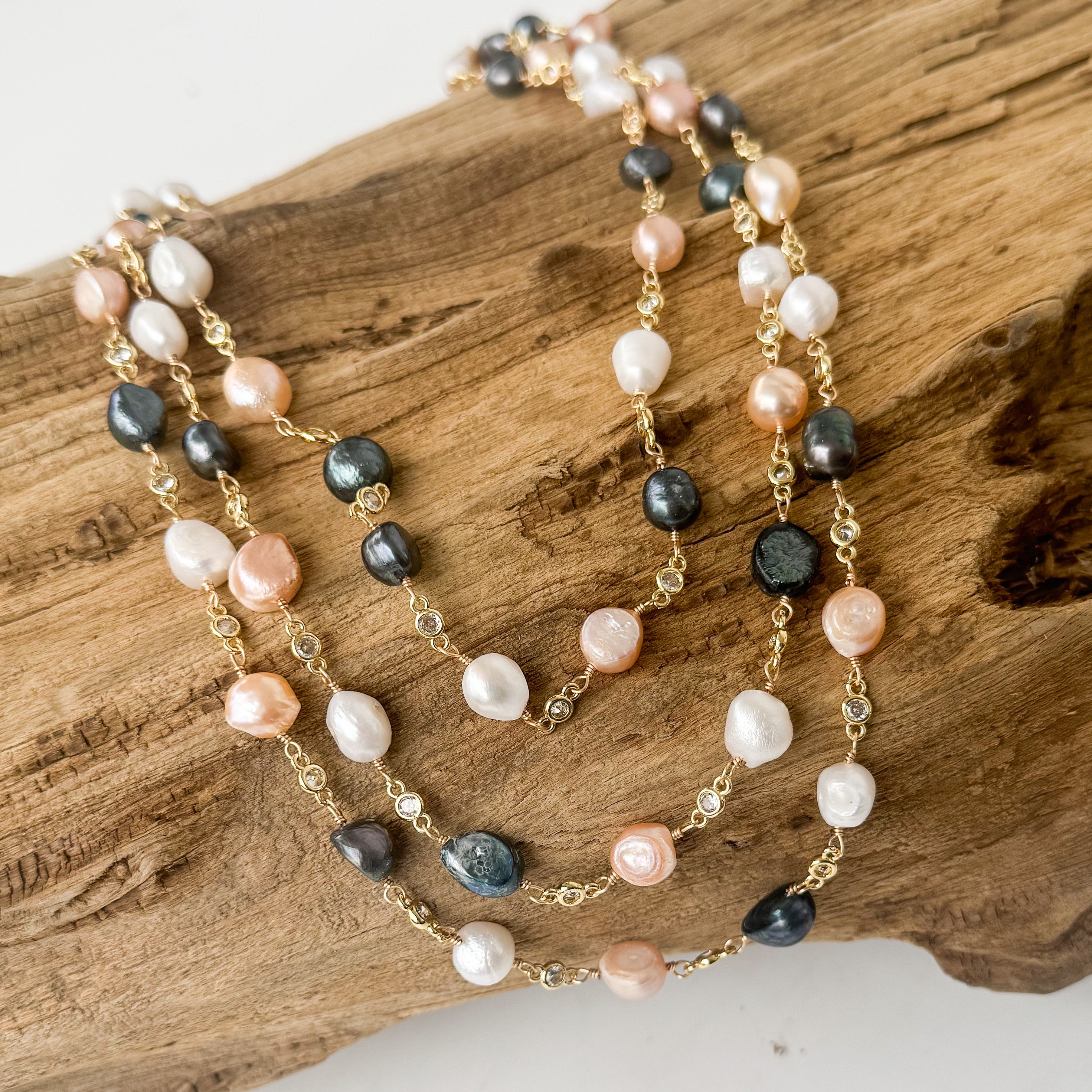 Pearl Bezel Rosary Triple Layer Statement Necklace