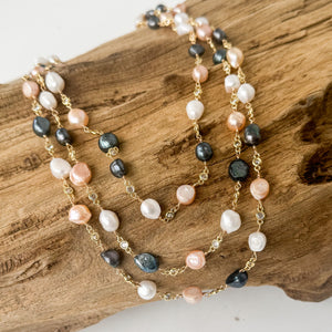 Pearl Bezel Rosary Triple Layer Statement Necklace