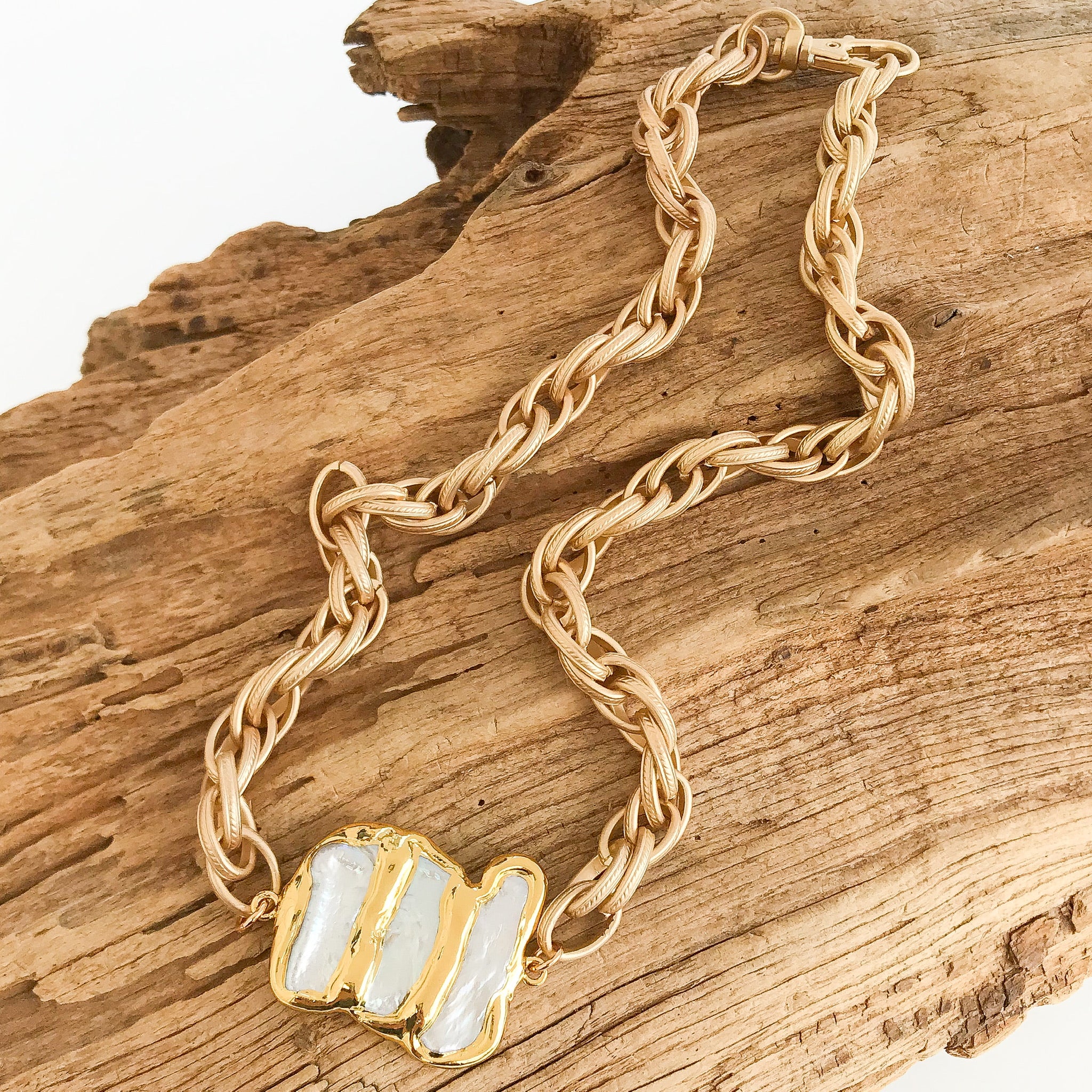 Triple Pearl on Twisted Etched Necklace