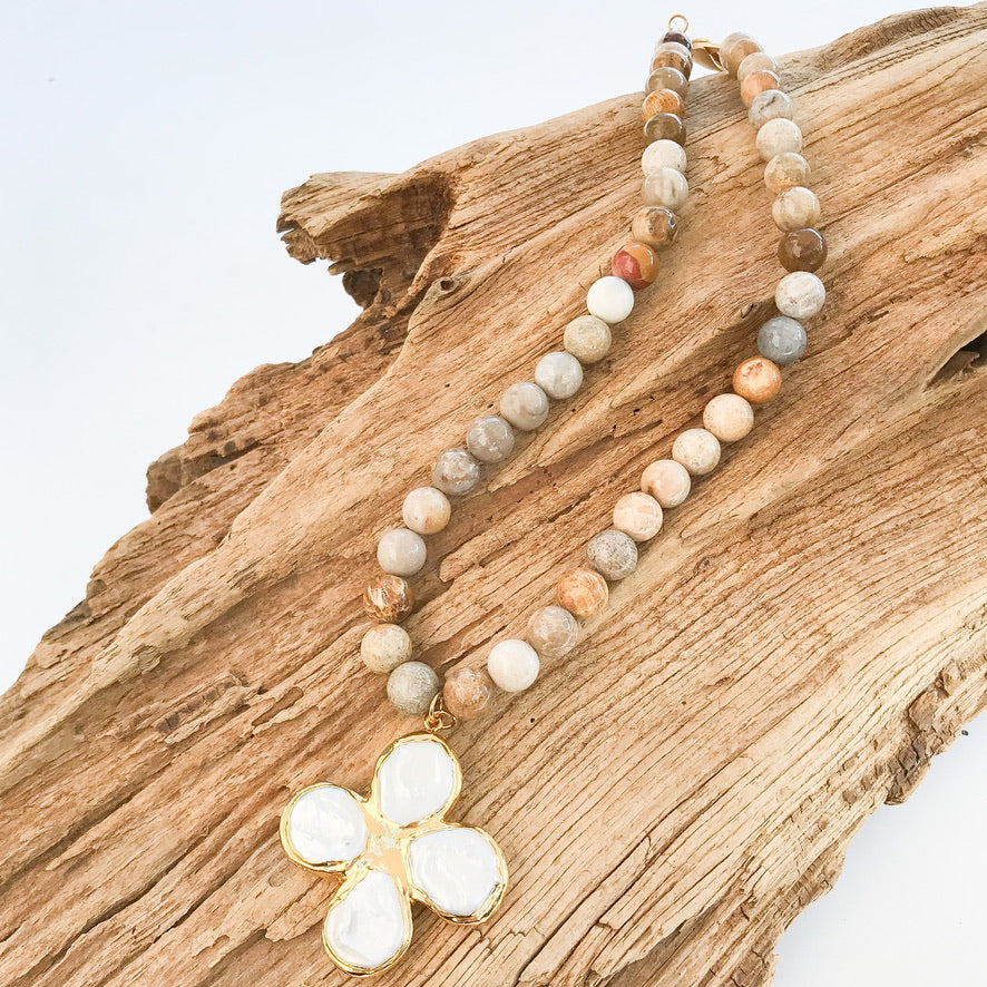 Pearl Clover Cross on 10MM Gemstone