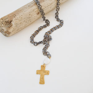 Adjustable Washer Chain w/ Hammered Cross & Pearl