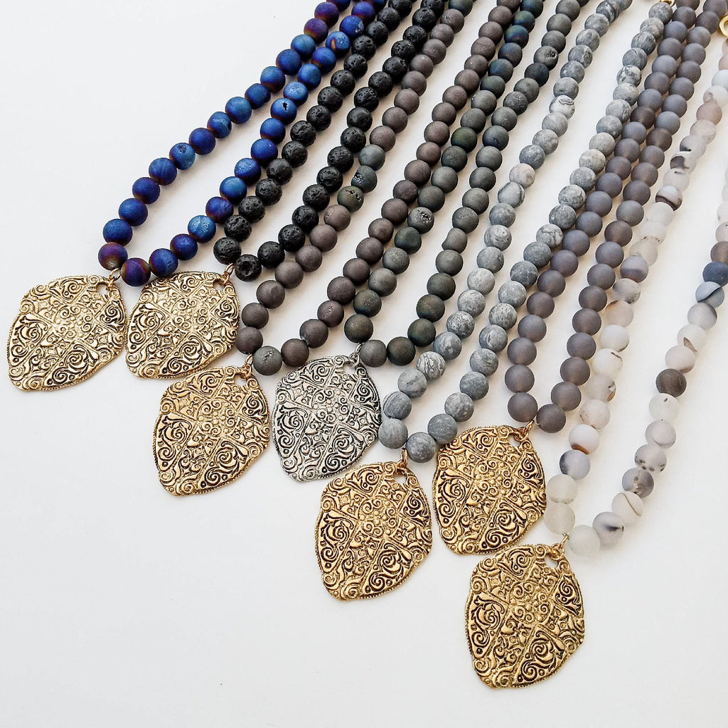 20” Gemstone Necklace w/ Ancient Cross Disc