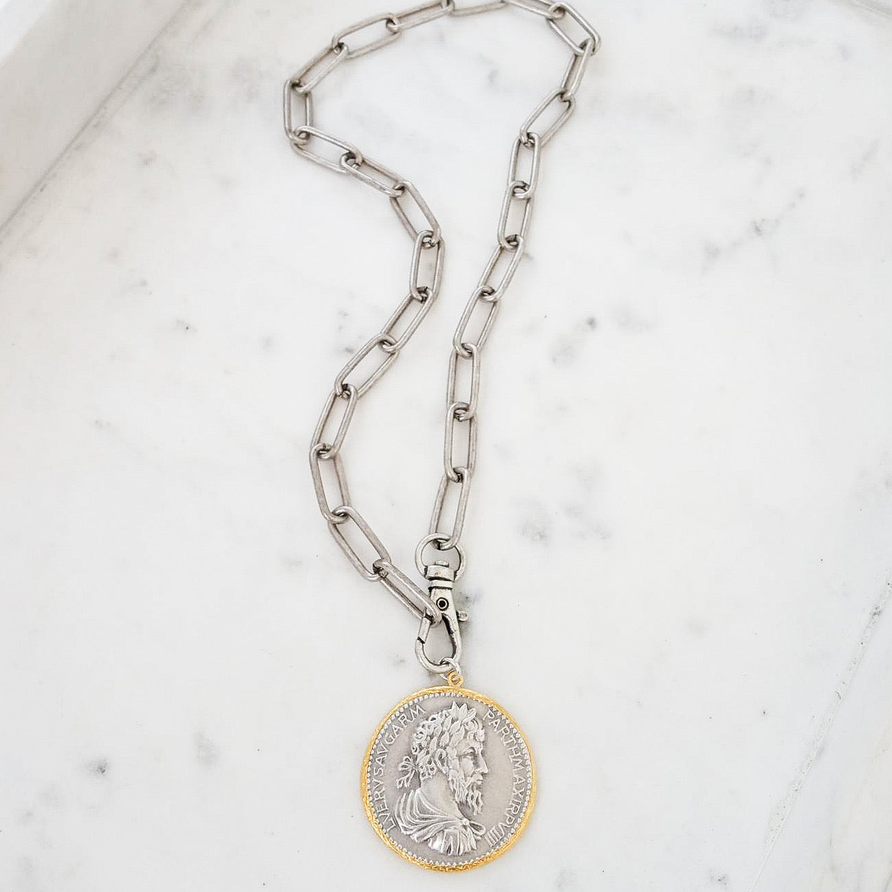 Vintage Coin on XL Paperclip Chain 18”