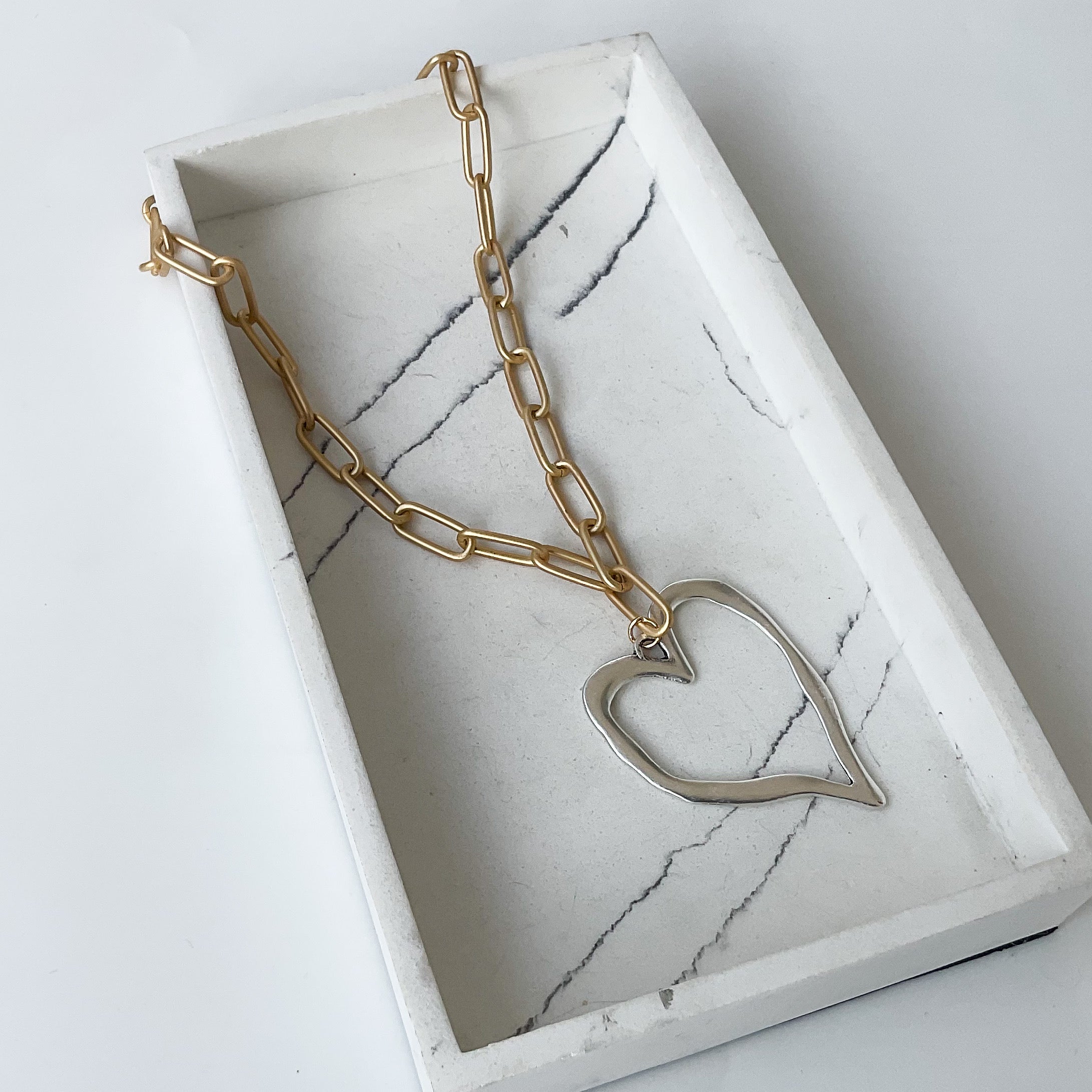Sterling Silver Heart Lock Pendant Paper Clip Chain Necklace