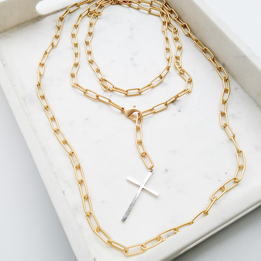 XL Adjustable Paperclip Necklace W/ Cross